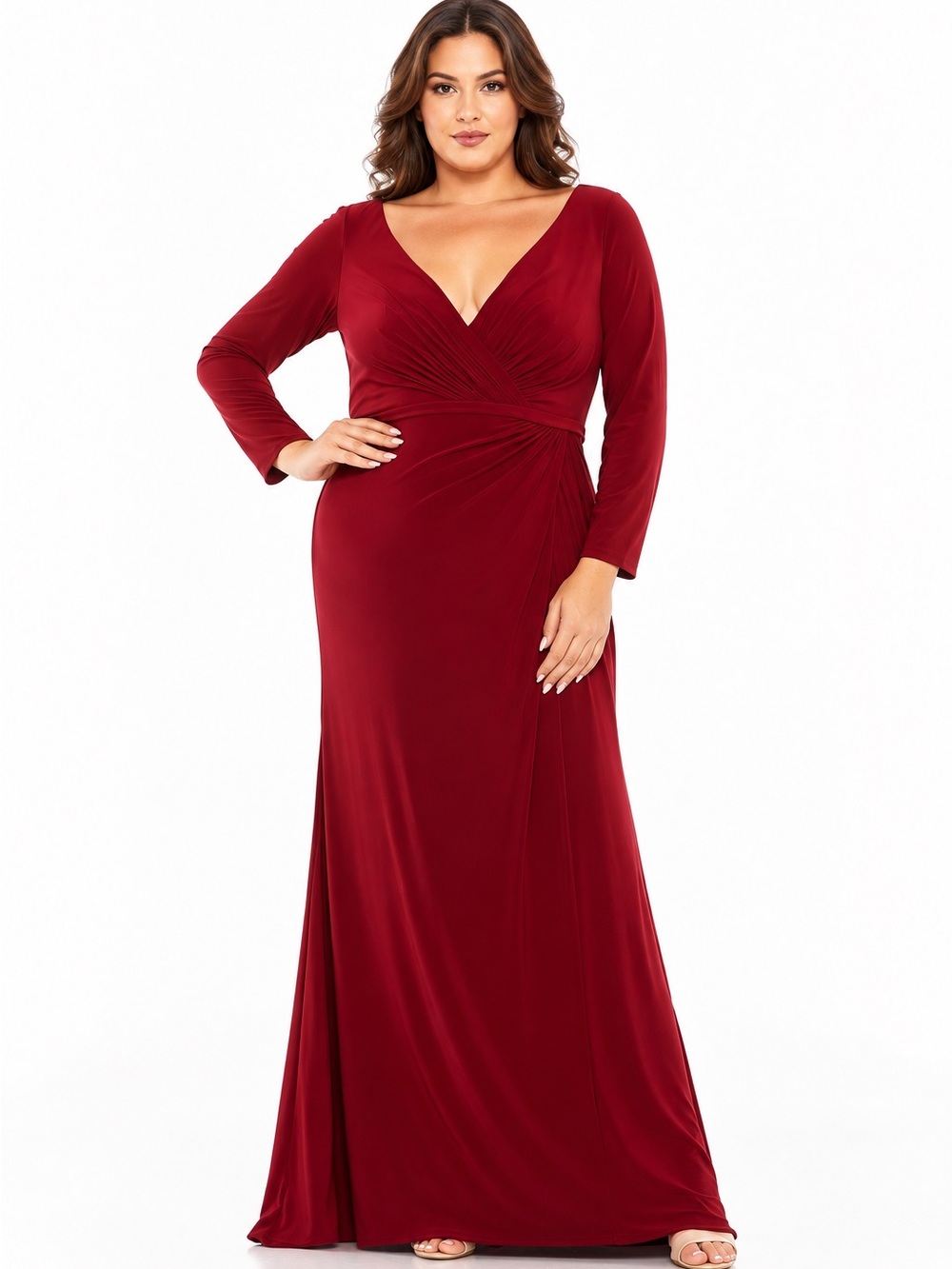 Mac Duggal Red Long Sleeve Faux Wrap V-Neck Evening Gown Size 20